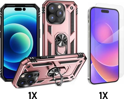 Casemania Hoesje Geschikt voor Apple iPhone 15 Pro - Rosegoud / Glazen Screenprotector - Anti-Shock Hybrid Armor Back Cover - Hoes met Kickstand Ring