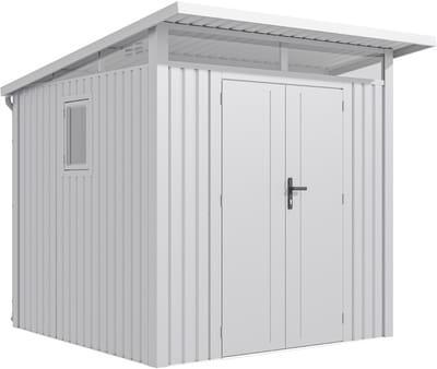 Rockford Porto 200 metalen tuinhuis met lessenaarsdak - Tuinschuur met centraal slot, polycarbonaat ramen en regenpijpen - 232 x 254 cm - Lichtgrijs