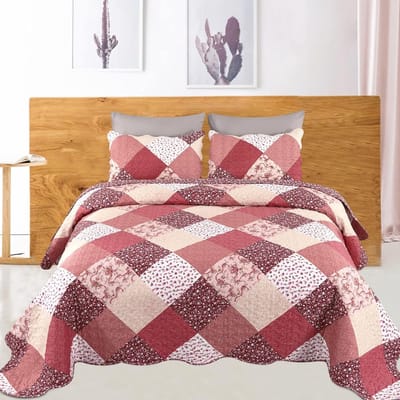TRANKIELO® - Luxe Sprei Set 240 x 260 cm – Baksteenrood – Inclusief 2 Kussenslopen – Bedsprei Microvezel – Patchworkdeken – Geschikt voor Alle Seizoenen