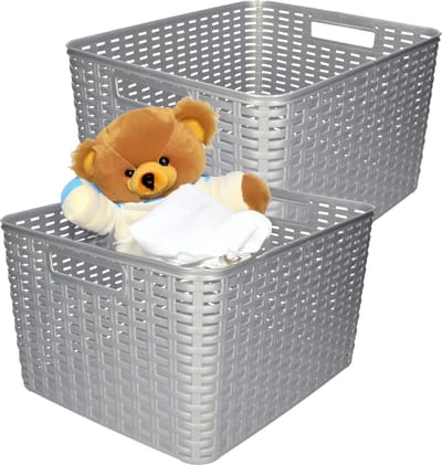 Plasticforte Opbergmand - 2x - Kastmand - rotan kunststof - zilver - 28 Liter - 34 x 40 x 23 cm