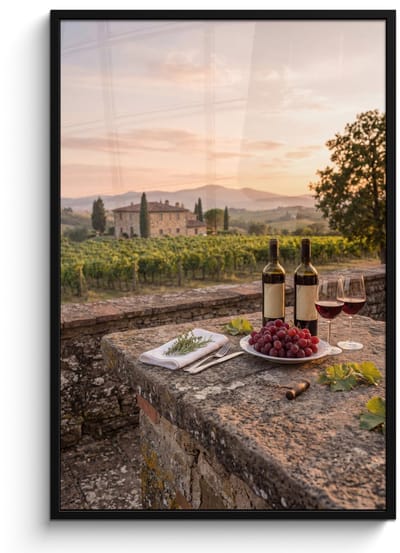 Poster in lijst - Fotolijst 80x120 cm - Posters - Wijn - Glazen - Druiven - Wijngaard - Posterlijst zwart - Decoratie - Wanddecoratie woonkamer - Muurdecoratie slaapkamer