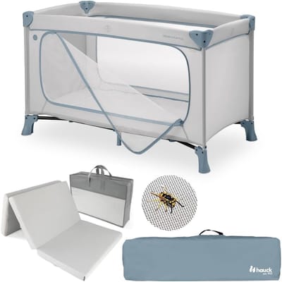Reisbedje met Matras - Baby campingbed - Veilig slapen onderweg - Inclusief insectennet - 125 x 65 cm - Dusty Blue