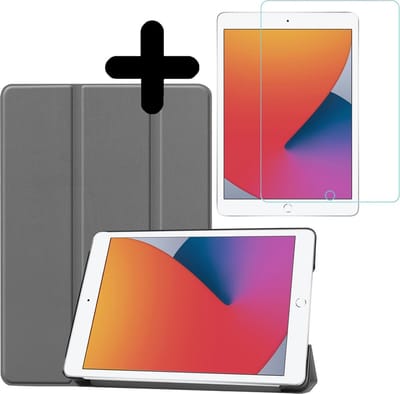 Hoesje - Geschikt voor Apple iPad 8 (2020) - 10.2 inch - 8e Generatie - Met Screenprotector - Hardcover Book Case - Trifold Bookcase Hoes - Hard Cover - Tablethoes - Grijs