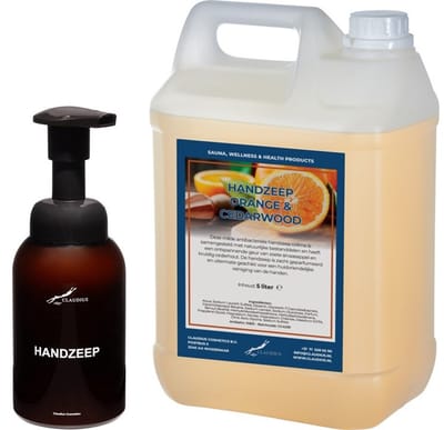 Zeepdispenser 300 ml amber bruin hervulbaar + 5 liter Handzeep Sweet Orange & Cedarwood navulling