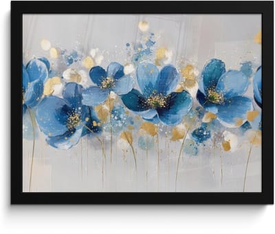 Poster in lijst - Fotolijst 40x30 cm - Posters - Bloemen - Blauw - Abstract - Posterlijst zwart - Decoratie - Wanddecoratie woonkamer - Muurdecoratie slaapkamer