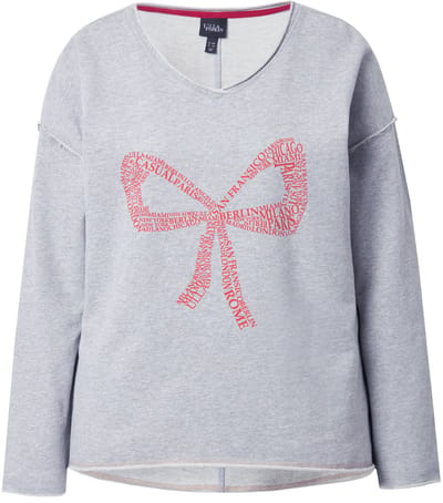 Ulla Popken - Dames - Sweatshirt strik oversized V-hals lange mouwen - Lichtgrijs melange - Maat 42+