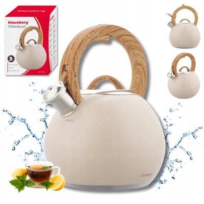 KLAUSBERG KB-7956 Fluitketel 3 L – Beige Mat – Houtlook Handgreep – RVS – Inductie – Met Fluit