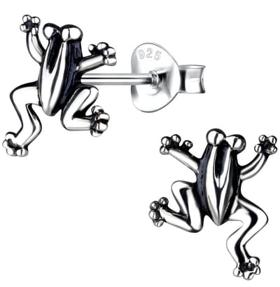 Joy|S - Zilveren kikker oorbellen - 8 x 10 mm - geoxideerd - oorknoppen