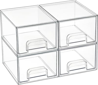 Set van 4 kleine stapelbare opbergladen, acryl organizer met 32 antislipmatten, opslag en organisatie voor dressers, badkamer, cosmetica, keuken, voorraadkast