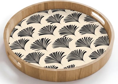 Dienblad rond 40x40 cm - Schootdienblad hout - Waaiers - Botanisch - Zwart - Beige - Borrelplank rechthoek - Plateau houten dienbladen