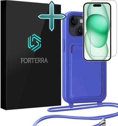 Hoesje Geschikt voor iPhone 15 Plus Pashouder Case Siliconen Hoes Met Koord Met Screenprotector - Hoes Geschikt voor iPhone 15 Plus Met Telefoonkoord Hoesje Back Cover Met Pasjeshouder - Felblauw