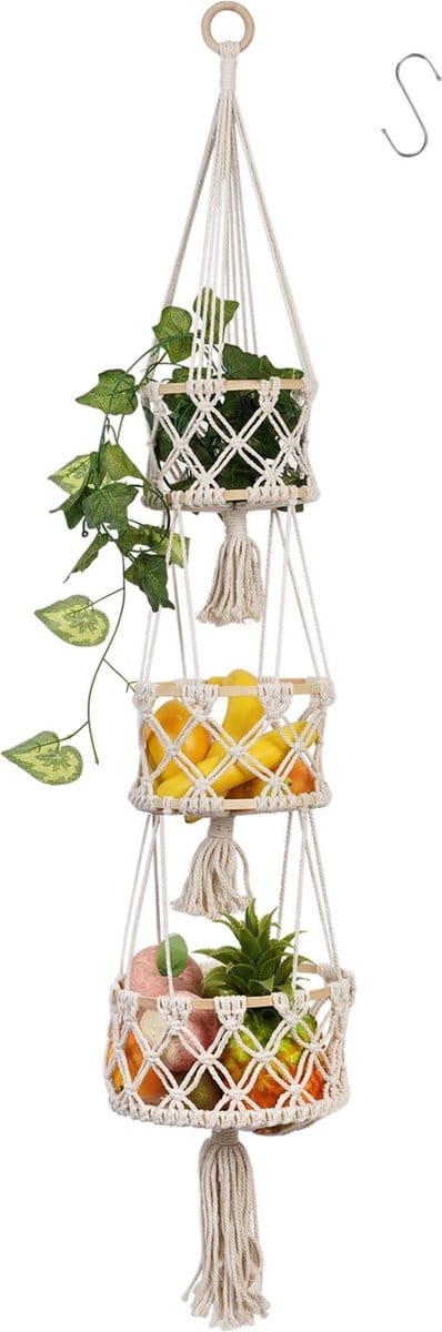 JGS ® Stijlvolle Hangende Boho Organizer voor Groenten, Fruit en Planten met Drie Lagen