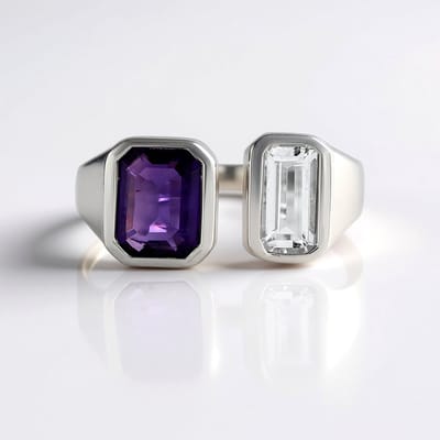 Cavill - 925 Sterling Zilver Damesring met Platina Coating - 2.18 ct Zambiaanse Amethist & Witte Topaas - Achthoekig Edelsteen - Elegant Luxe Sieraad