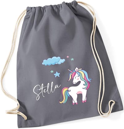 Gymtas Meisjes - Stoffen Tas - School en Sport - Gepersonaliseerd met Naam - 37x46 cm - Grijs met Eenhoorn