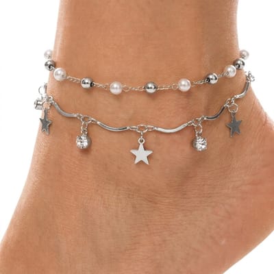 Zilverkleurige enkelbandjes set voor dames met sterren en parel bedels – 2-delige schakel enkelketting set – elegante zomerse sieraden