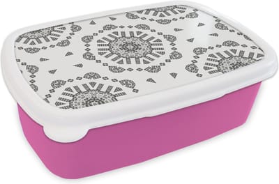 Broodtrommel Roze - Lunchbox - Brooddoos - Mandala - Patronen - Zwart Wit - 18x12x6 cm - Kinderen - Meisje