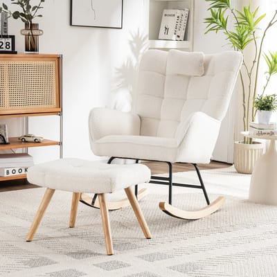 STILVORA Schaukelstoel - Ergonomisch Ontwerp - Incl. Hoofdkussen en Voetbank - 92 cm Hoog - Ruime Zitbreedte van 65 cm - Stevig Gummihouten Frame - Wit