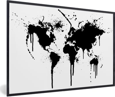 Poster in lijst - Fotolijst 120x80 cm - Posters - Wereldkaart - Inkt - Zwart - Wit - Kinderen - Jongens - Meisjes - Posterlijst zwart - Decoratie - Wanddecoratie woonkamer - Muurdecoratie slaapkamer