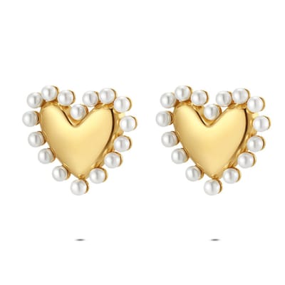 Twice As Nice oorbellen in edelstaal, hart met parels Goudkleurig