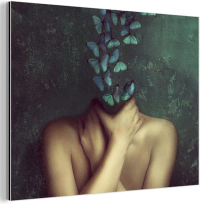 Aluminium schilderij 80x60 cm - Wanddecoratie metaal - Torso - Stilleven - Vlinders - Blauw - Metalen muurdecoratie woonkamer - Decoratie industrieel - Foto op dibond - Industriële accessoires slaapkamer