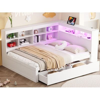 ModernLuxe Massief houten opbergbank bed 140x200 cm - met LED en USB aansluitingen - Wit