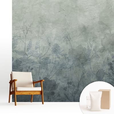 Wallfluent Behang - Plantaardige elegantie Vliesbehang - 250x250 cm - Grijs Behang - Voor liefhebbers van kunst en natuur - Behang Voor de slaapkamer, woonkamer en kantoor - Wanddecoratie Bloemen en planten