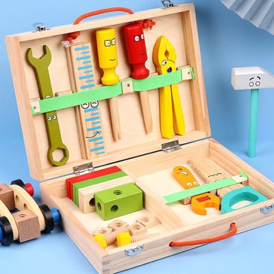 Houten Gereedschapskist Speelgoed 34 Delig - Educatief Houten Speelgoed - Veilig Gereedschap Voor Peuter & Kleuter 3+ Jaar - Montessori - Veilig & Duurzaam - Rollenspel Cadeau - Knutselen Kinderen - Klusset met Hamer, Zaag & Moersleutels