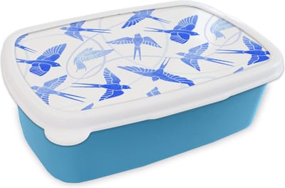 Broodtrommel Blauw - Lunchbox - Brooddoos - Patroon - Blauw - Vogel - 18x12x6 cm - Kinderen - Jongen
