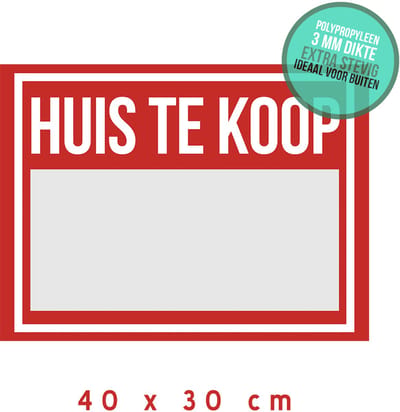 Bord/ immo aankondiging | "Huis te koop" | 40 x 30 cm | Ideaal voor buiten | Kunststof | Beschrijfbaar | Rood | Opvallend | Woning | 1 stuk