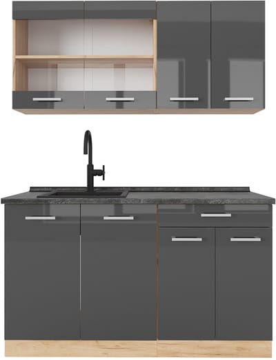 Vicco R-Line Eenpersoonskeuken – 140 cm, WB Antraciet Antraciet hoogglans/goud eiken