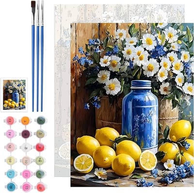 Volwassen Schilderen op Nummer: Citroen en Bloemen Schilderpakket met Kwast en Acrylverf voor Wanddecoratie, 35 x 35 cm, Creatieve Hobbyset