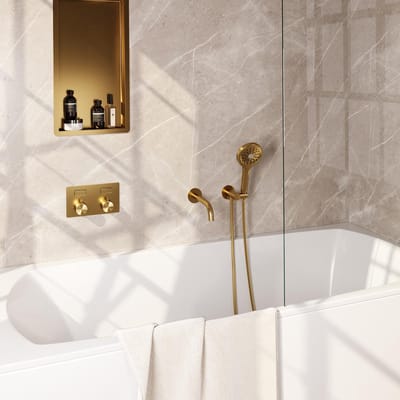 Brauer Gold Edition Thermostatische Inbouw Badkraan Drukknoppen - Uitloop - 3 stand - Doucheslang - Wandaansluitbocht - Handdouche - Goud Geborsteld Pvd