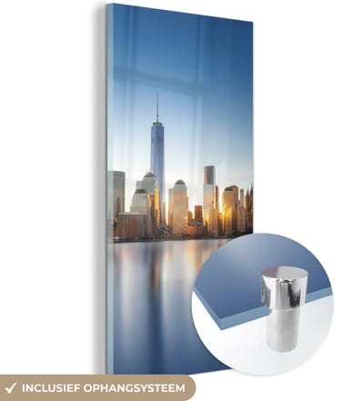 MuchoWow® Glasschilderij 20x40 cm - Schilderij acrylglas - New York - Skyline - Reflectie - Foto op glas - Schilderijen