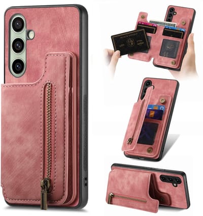Silicone TPU en kuntleer kickstand retro roze back cover hoesje case met rits - pasjeshouder - telefoonhoesje geschikt voor de Samsung Galaxy A26