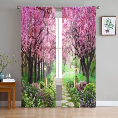 Roze Boom Mooi Bos Transparante Gordijnen Voor Woonkamerraam Transparant Voile Tule Gordijn Slaapkamer Gordijnen Woondecoratie 135W x 114H(cm) black