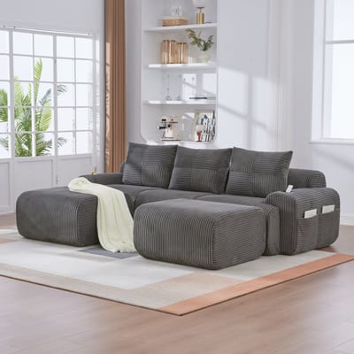 REDOM - Modulaire 3-Zitsbank Met 2 Hockers En Bekerhouder - Moderne Woonkamerbank Van Cordstof - Donkergrijs - 268 x 174 x 66 cm