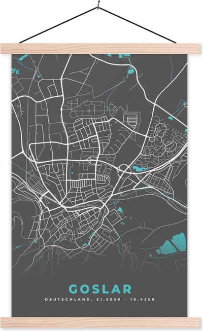 Posterhanger incl. Poster 40x60 cm - Schoolplaat - Blauw – Duitsland – Plattegrond – Stadskaart – Kaart – Goslar - Textielposter - Blanke latten - Stadskaart