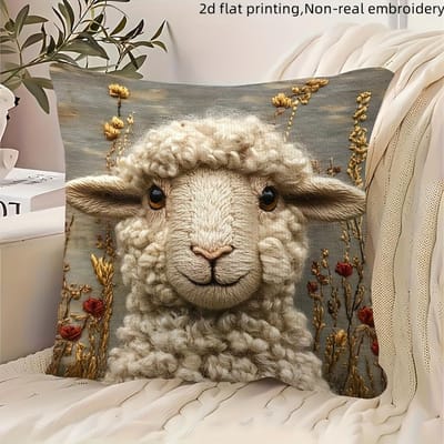 Schattige Kussensloop met Schaapjesprint: 2D Platte Bedrukking, Niet-echt Borduurwerk voor Gezellige Avonden Bankkussenhoes, 2D Bedrukking 45x45cm