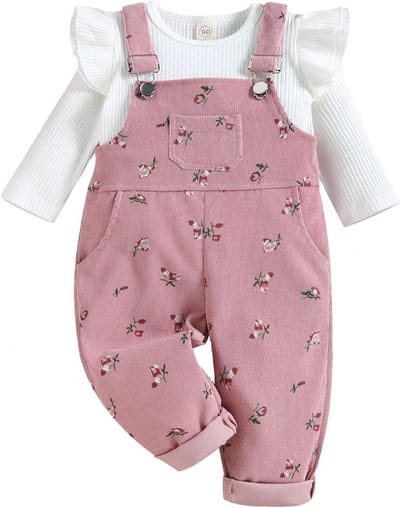Geribbelde Lange Mouwen Set voor Babymeisje met Bloemenbandjes en Zakken