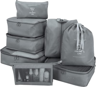 Stunq® Pakkubussenset, 8-delig, multifunctionele kofferorganizerset, waterdichte pakkubes, kofferorganizer, kledingtassen voor kleding, schoenentas, cosmeticatas voor reizen (grijs)