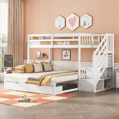 MEUNIQ stapelbed 90 x 200 cm met uitschuifbed, lattenbodem, opbergtrap en 2 lades, grenenhout en MDF, zonder matras, wit, voor kinderkamer