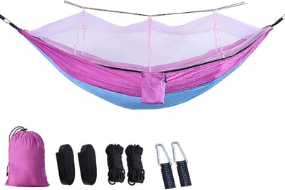 Camping Hangmat - Outdoor Net - Ontspannen Buiten - Geïntegreerd Muggennet - 220 x 140 cm - Roze Lichtblauw