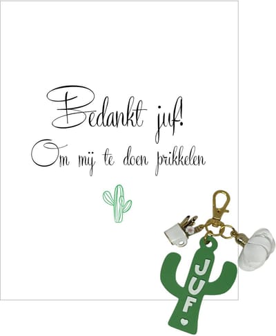 Sleutelhanger en kaartje JUF | wit | cactus | jij bent de liefste | liefste juf | topjuf | einde schooljaar | cadeau