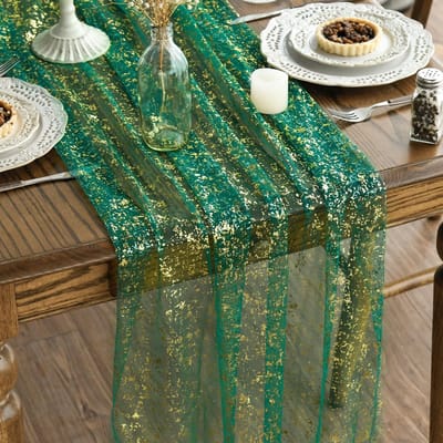 75*300cm-tafellopers textiel-Tafelloper Tule met Glitters-Prachtige woondecoratie, tafeldecoraties-Groen - Gouden pailletten