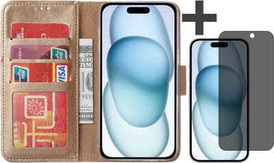 Hoesje met Privacy Screenprotector Geschikt voor iPhone 15 Plus – Arara bookcase met pasjeshouder - Goud