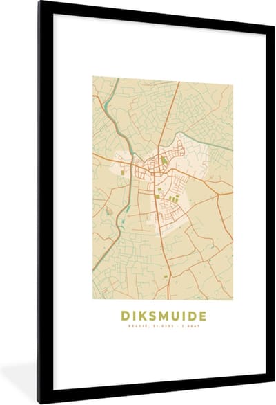 Fotolijst incl. Poster - Stadskaart - Diksmuide - Kaart - België - Plattegrond - 60x90 cm - Posterlijst