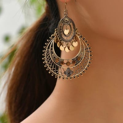 Nouvelles Boucles d'Oreilles Rondes Originalité Rétro Style Palais Creux Exagéré Mode Bohème Accessoires Bijoux pour Fête Festival Femme black