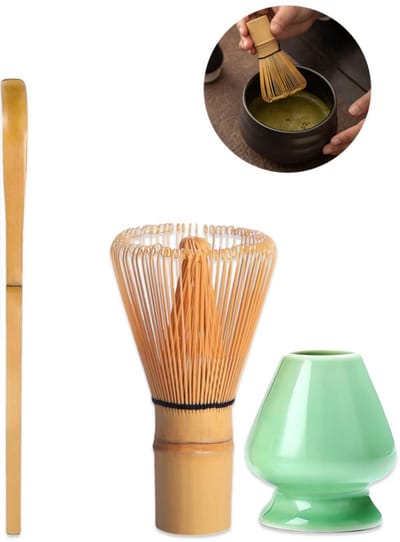 longziming -Traditionele Matcha Theeset – 3-Delige Japanse Set met Bamboe Klopper, Theelepel en Keramische Houder – Authentieke Matcha Ceremonie – Lichtgroen