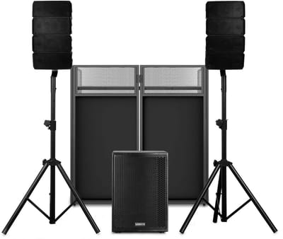 Vonyx VX915 DJ setup met line array speakers - PA systeem met standaards en DJ booth - 1400W