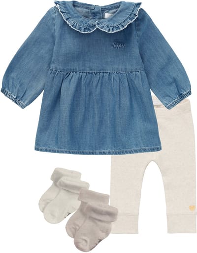 Noppies - Kledingset- 4 delig - Jurk Acariqua Medium Wash - Legging Lauderdale oatmeal - 2 paar sokjes - Maat 80
